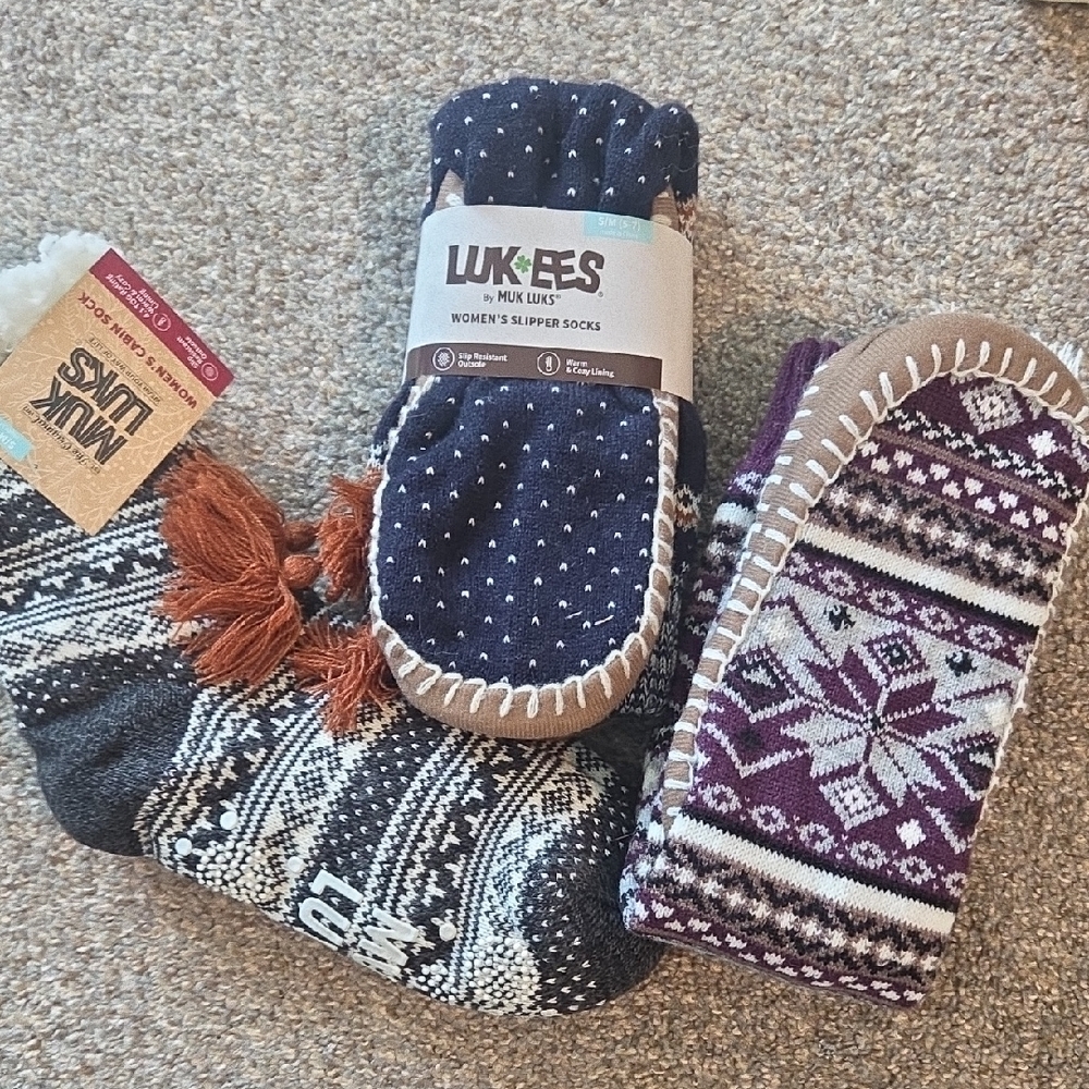 Muk Luks Women's Cozy Slipper Socks Trio in Navy, Gray, Purple